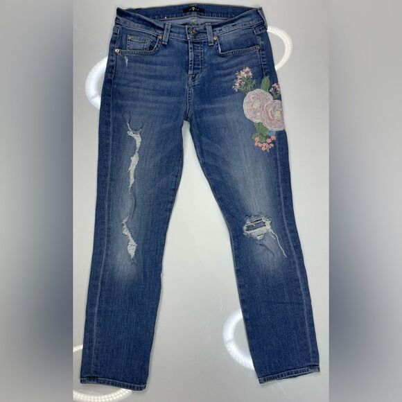 7 For All Mankind Floral Embroidered Denim Jeans Women Size 25 Blue Distressed - Picture 1 of 11